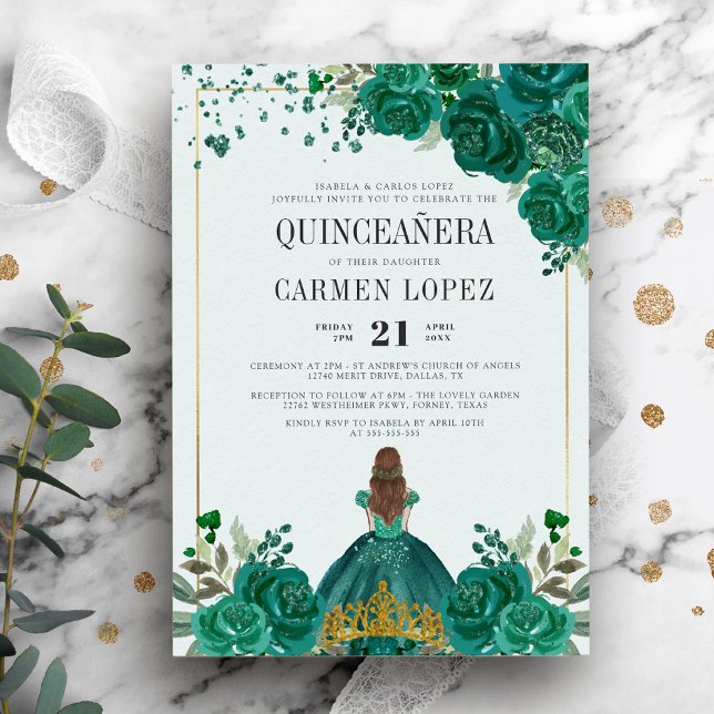 Invitation Floral Emerald Green Princess Quinceanera (Créateur téléchargé)