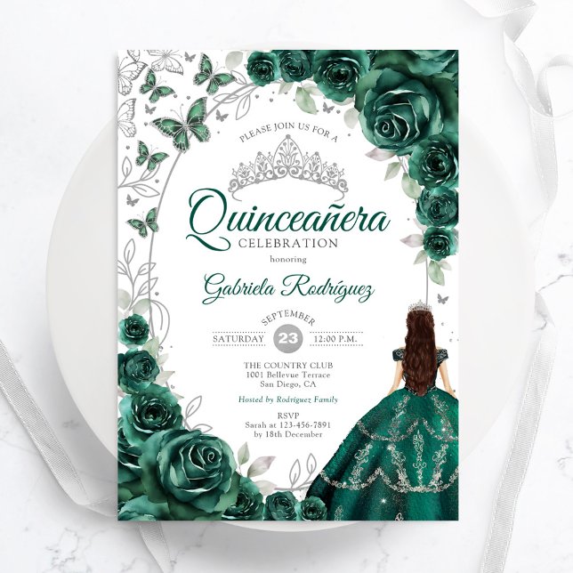 Invitation Floral Emerald Green Silver Quinceanera (Créateur téléchargé)