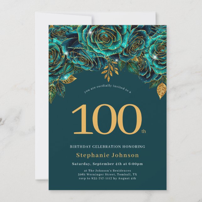 Invitation Floral Emerald Vert et or 100e anniversaire (Devant)