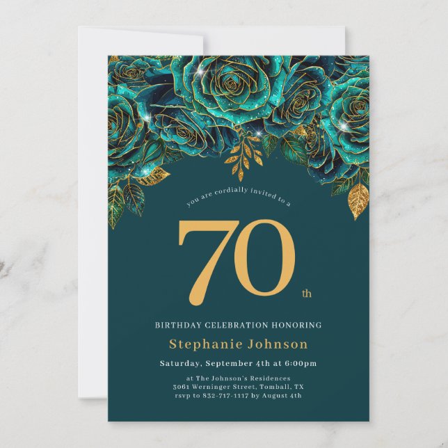 Invitation Floral Emerald Vert et or 70e anniversaire (Devant)