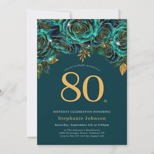 Invitation Floral Emerald Vert et or 80e anniversaire (Devant)