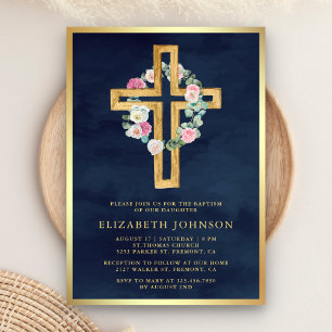 Invitation Floral Eucalyptus Bois Croix Marine Baptême d'or