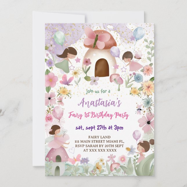 Invitation Floral Fairy Girl 1er anniversaire (Devant)