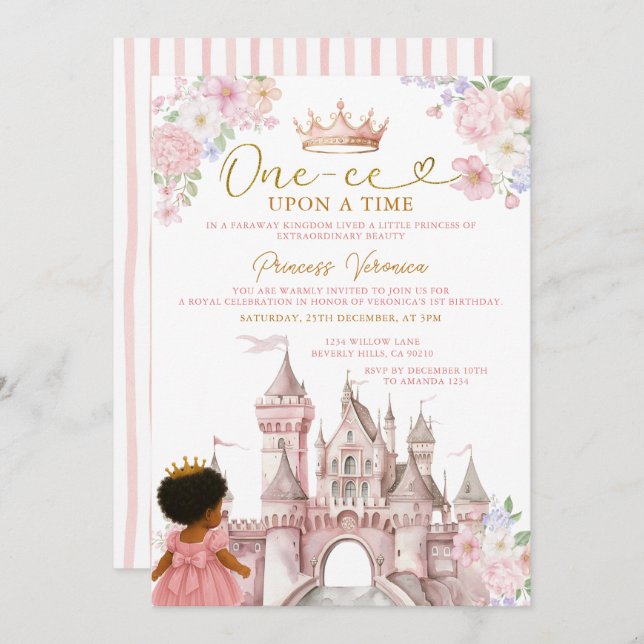 Invitation Floral Fairytale African American Girl Birthday (Devant / Derrière)