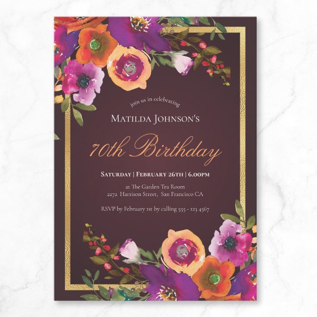 Invitation Floral Fall Bourgogne 70e fête d'anniversaire (Floral Fall Burgundy 70th Birthday Party Invitation)