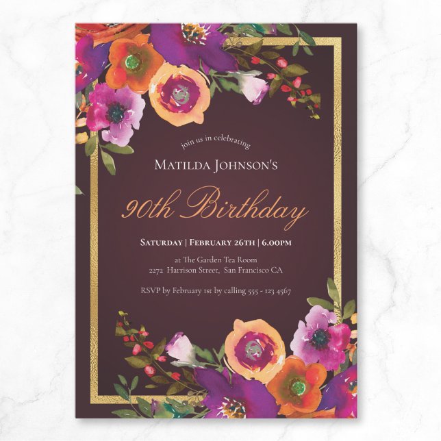 Invitation Floral Fall Bourgogne 90ème anniversaire (Floral Fall Burgundy 90th Birthday Party Invitation)