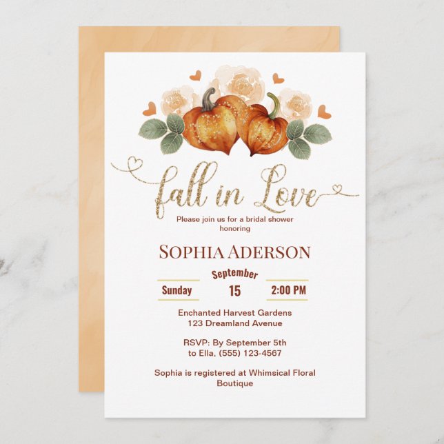 Invitation Floral Fall In Love Citrouille Fête des mariées Co (Devant / Derrière)