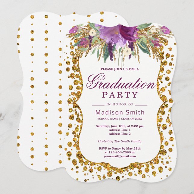 Invitation Floral Faux Gold Parties scintillant Confetti Grad (Devant / Derrière)