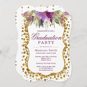 Invitation Floral Faux Gold Parties scintillant Confetti Grad