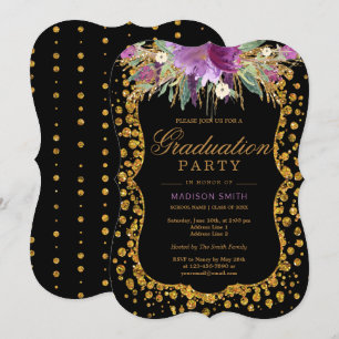 Invitation Floral Faux Gold Sparkle Confetti Graduation Party