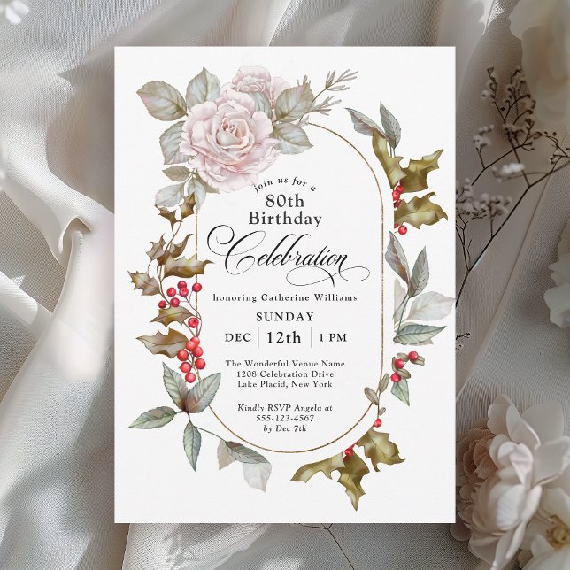 Invitation Floral féminin Décembre 80 Anniversaire Fête (Available in printed and instant download formats.)