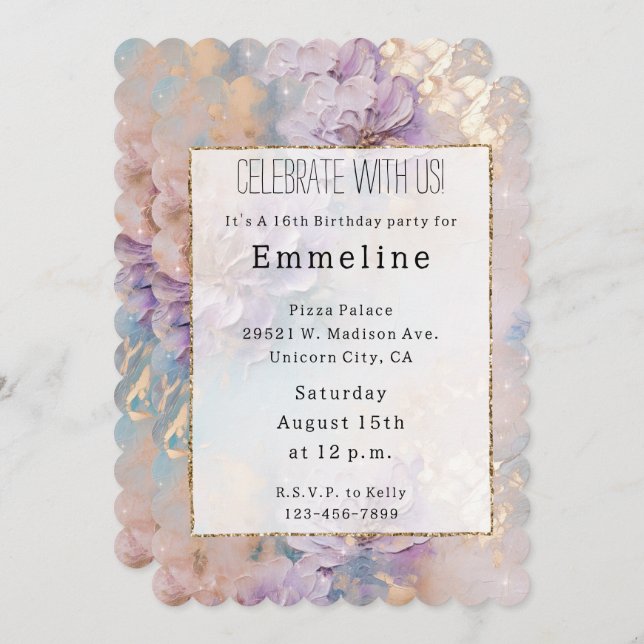 Invitation Floral féminin violet bleu et or (Devant / Derrière)