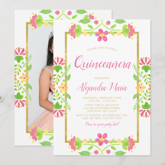 Invitation Floral Fiesta Blanc or Quinceanera Photo (Devant / Derrière)