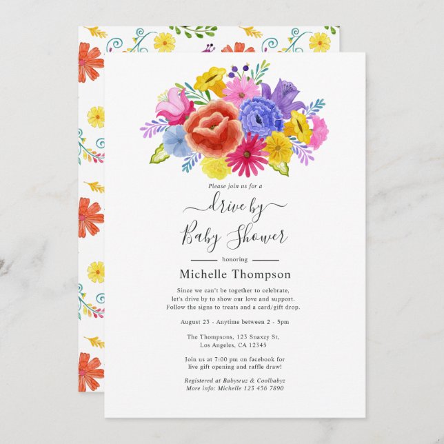 Invitation Floral Fiesta Drive By Briding ou Baby shower (Devant / Derrière)
