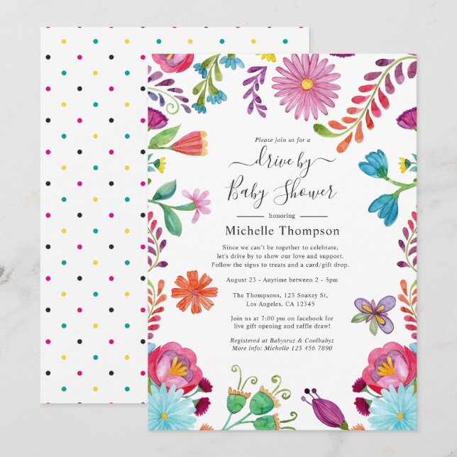 Invitation Floral Fiesta Drive By Briding ou Baby shower (Devant / Derrière)