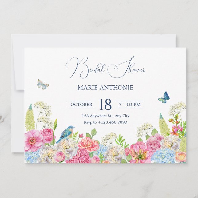 Invitation Floral Fleur bleu vert rose printemps douche nupti (Devant)