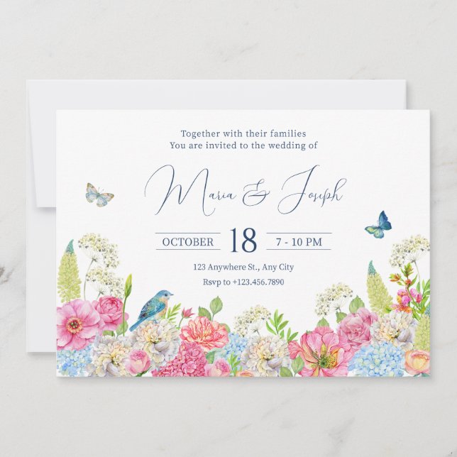 Invitation Floral Fleur bleu vert rose printemps mariage (Devant)