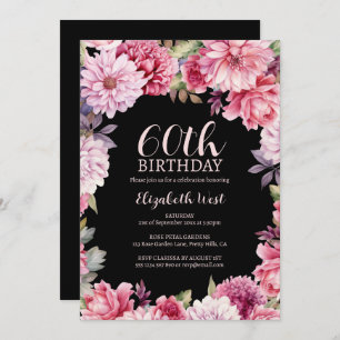 Invitation Floral Fleur Fleurie Blush Black 60e anniversaire