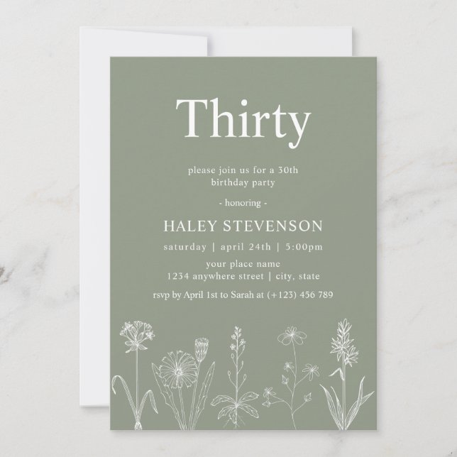 Invitation Floral fleur sauvage 30 Sage Vert 30e anniversaire (Devant)
