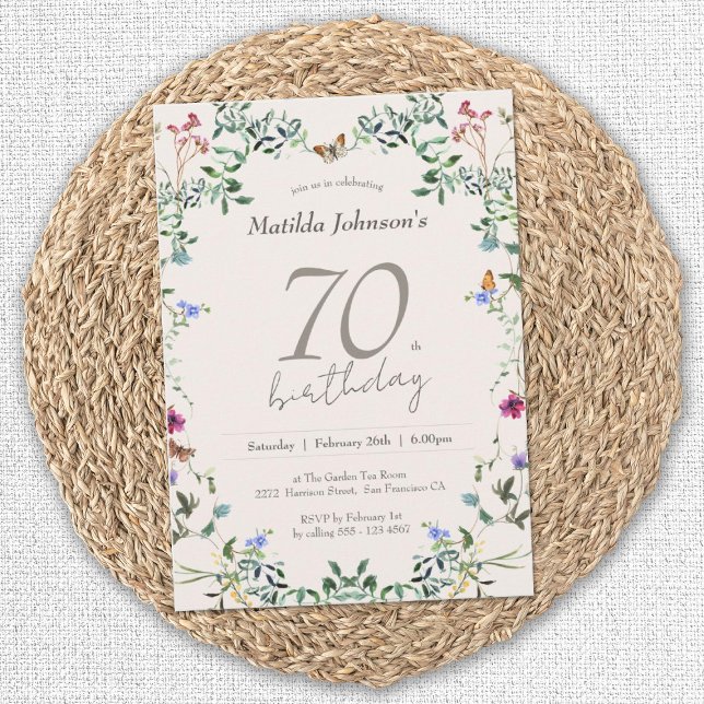 Invitation Floral fleur sauvage Elégant 70e anniversaire (Elegant 70th Birthday Wildflowers Floral Invitation)