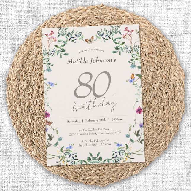 Invitation Floral fleur sauvage Elégant 80ème anniversaire (Elegant 80th Birthday Wildflowers Floral Invitation)