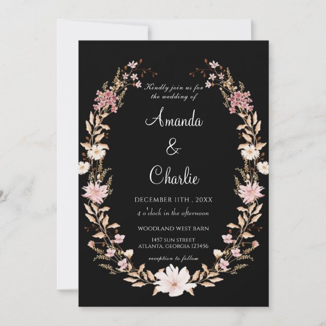 Invitation Floral Fleur sauvage noir (Devant)