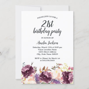 Invitation Floral Florom Purple Aquarelle 21ème anniversaire
