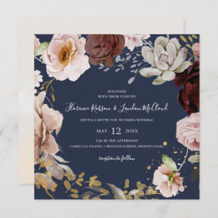 Invitation Floral flush moderne Carré de la marine Mariage