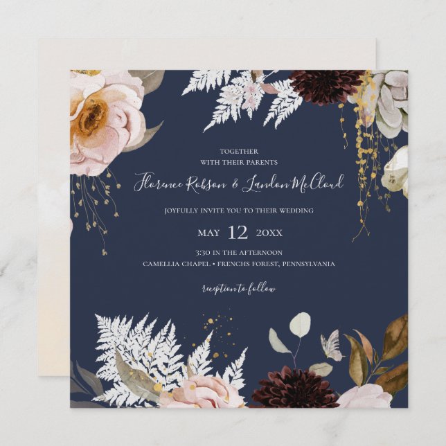 Invitation Floral flush moderne | Mariage Carré de marine (Devant / Derrière)