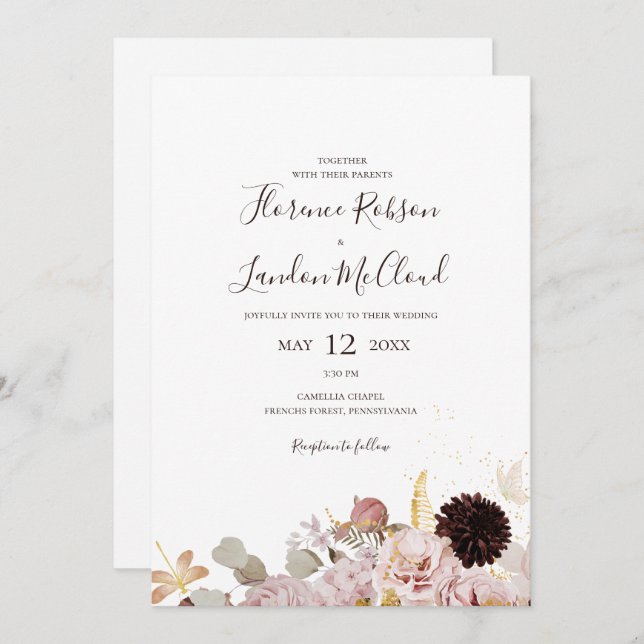 Invitation Floral flush moderne | Mariage Décontracté simple (Devant / Derrière)