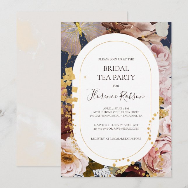 Invitation Floral flush moderne | Navy Bridal Tea Party (Devant / Derrière)