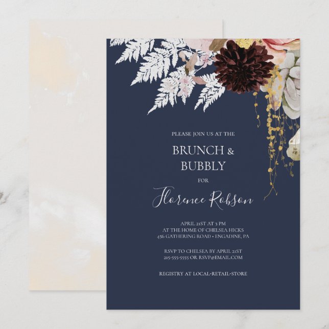 Invitation Floral flush moderne | Navy Brunch et Bubbly (Devant / Derrière)