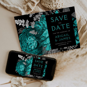 Invitation Floral foncé Turquoise Bleu Noir Mariage d'argent