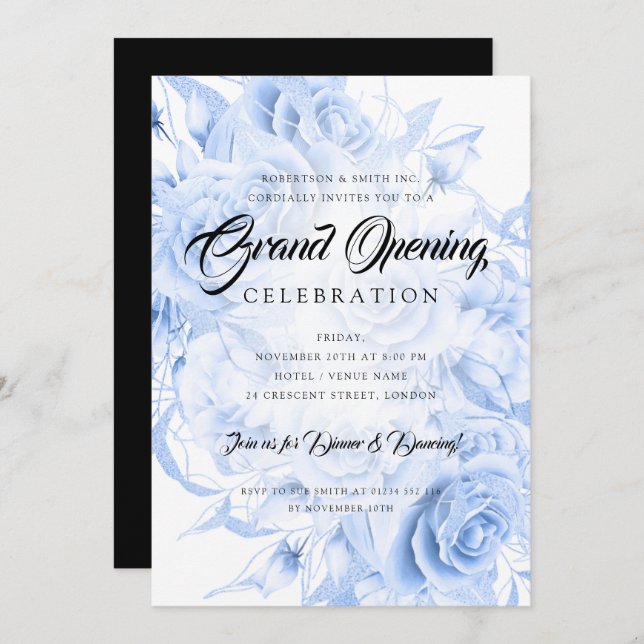 Invitation Floral Forme Entreprise Grand Ouverture Marine Ble (Devant / Derrière)