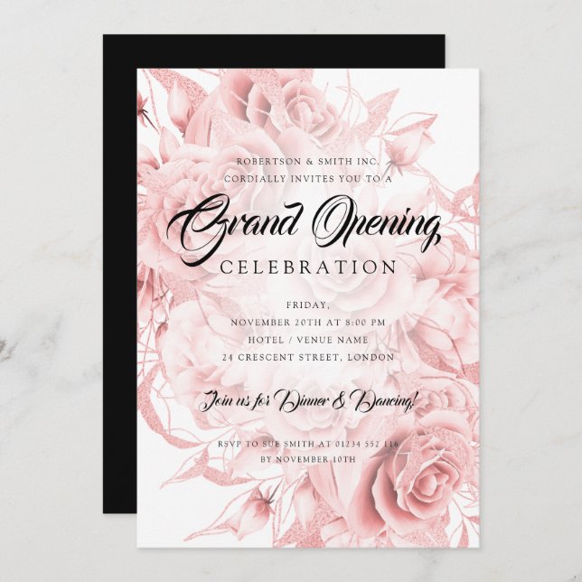 Invitation Floral Forme Entreprise Rose Gold Grand Ouverture  (Devant / Derrière)