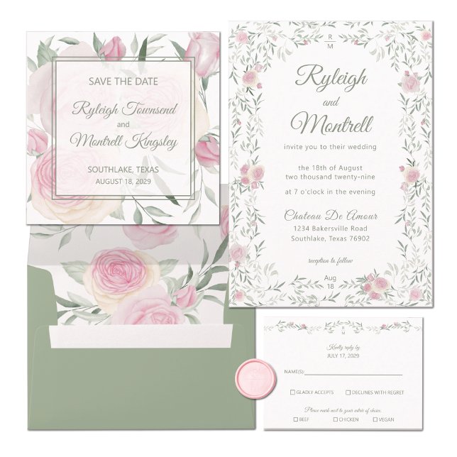 Invitation Floral Frame Pink Roses and Greenery Romantic (Créateur téléchargé)