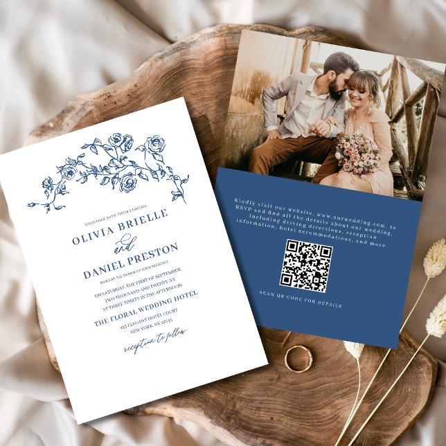 Invitation Floral Français Photo QR Code Marine Mariage bleu (Créateur téléchargé)