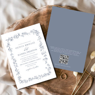 Invitation Floral Français Vintage QR Code Dusty Blue Mariage
