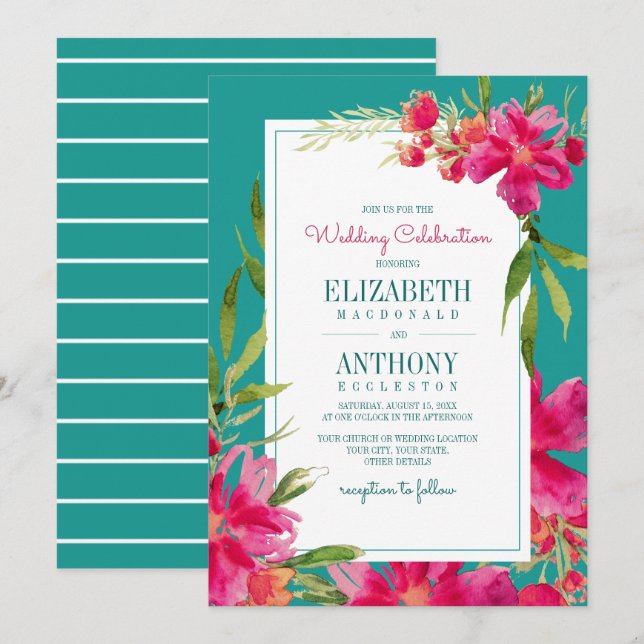Invitation Floral Fuchsia Turquoise Mariage (Devant / Derrière)