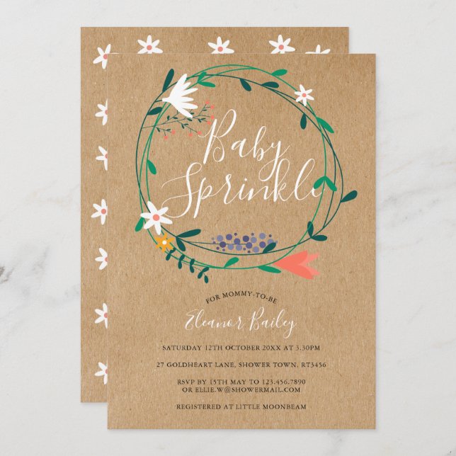 Invitation Floral Garland Baby Sprinkle Rustic Kraft Boho (Devant / Derrière)