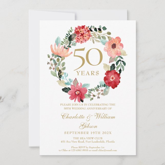 Invitation Floral Garland Chic Gold 50e anniversaire Mariage (Devant)