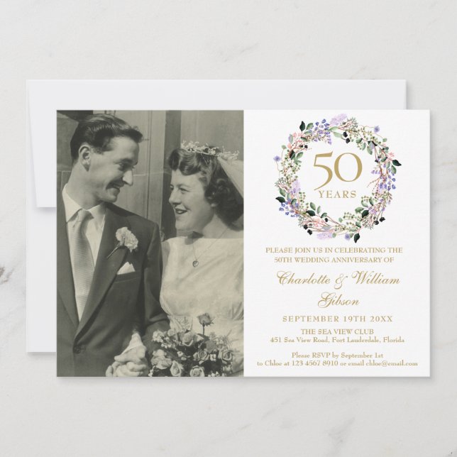 Invitation Floral Garland Photo 50th Wedding Anniversary (Devant)