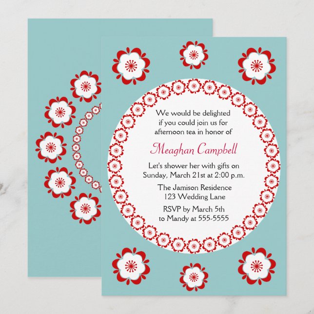 Invitation Floral Garland Turquoise Fête des mariées rouge (Devant / Derrière)