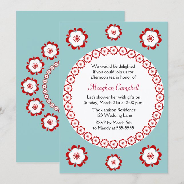 Invitation Floral Garland Turquoise Fête des mariées rouge (Devant / Derrière)