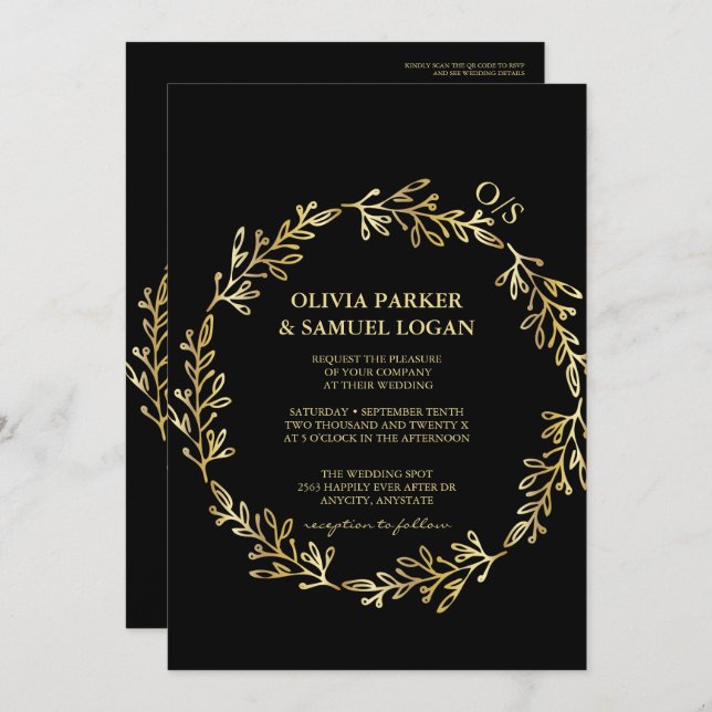 Invitation Floral Géométrique, QR Code, Monogramme Mariage ph (Devant / Derrière)