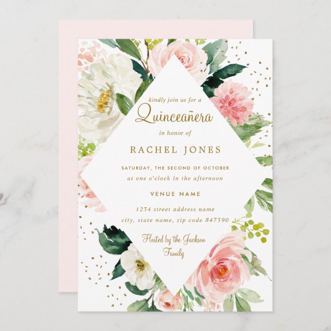 Invitation Floral Géométrique Rose Blush Gold Quinceanera (Devant / Derrière)