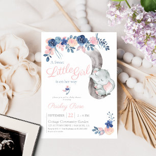 Invitation Floral Girl Elephant Marine Blush Baby shower