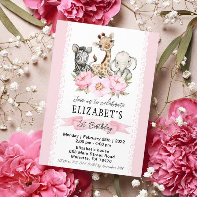 Invitation Floral Girl Safari Bébé Animaux Anniversaire (Créateur téléchargé)