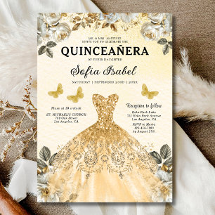Invitation Floral Gold Bilingue espagnol Quinceanera