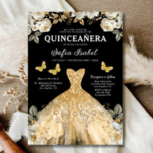 Invitation Floral Gold Black Butterfly Princess Quinceanera